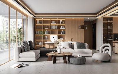 现代原木风客餐厅3D模型下载